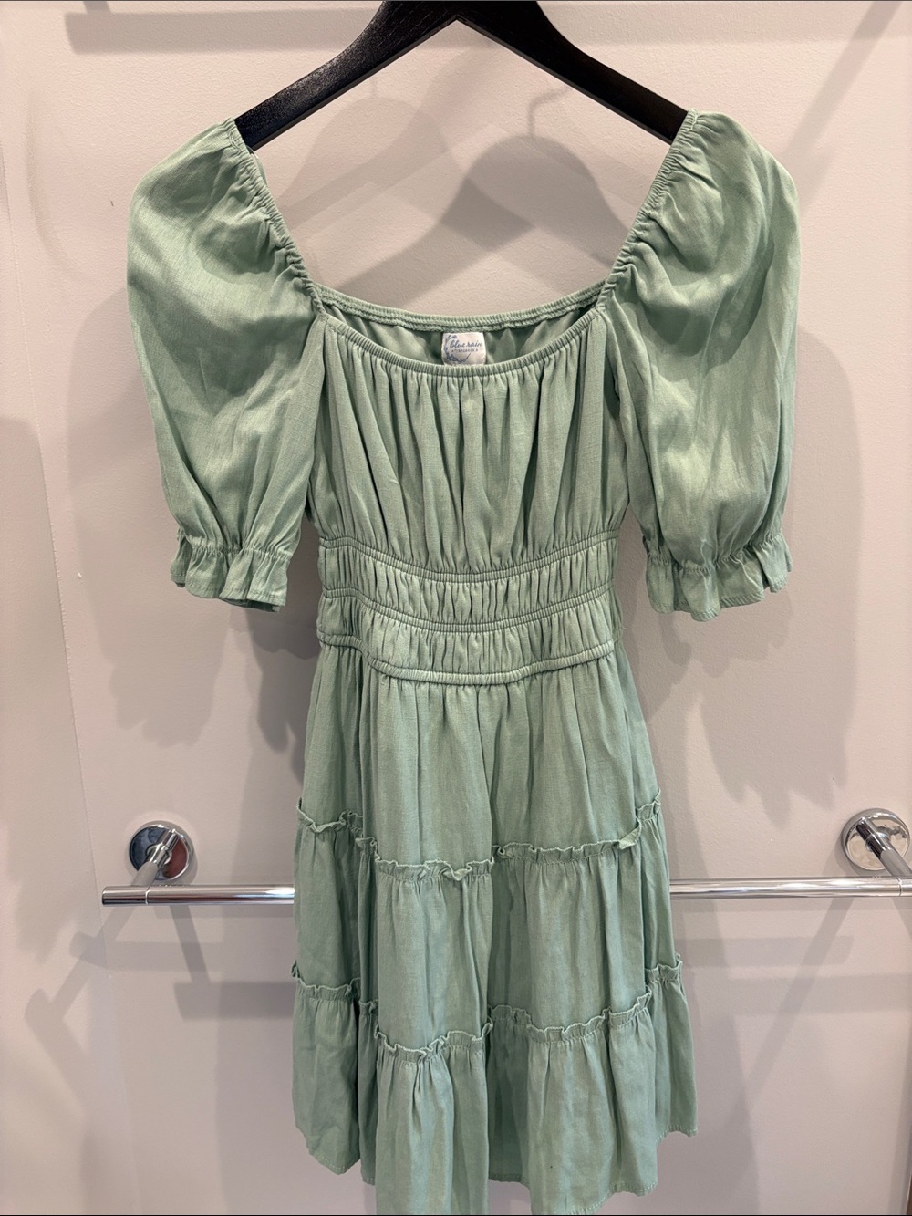Blue Rain Sage Green Puff-Sleeve Tiered Mini Dress
